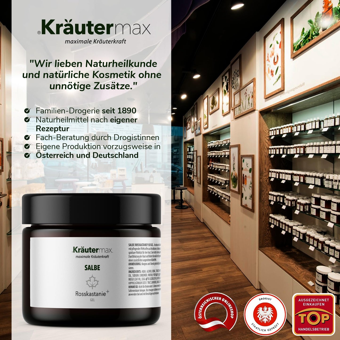 Rosskastanien Gel Salbe in Apotheke, natürliche Hautpflege, Glasbehälter, Kräuterregale
