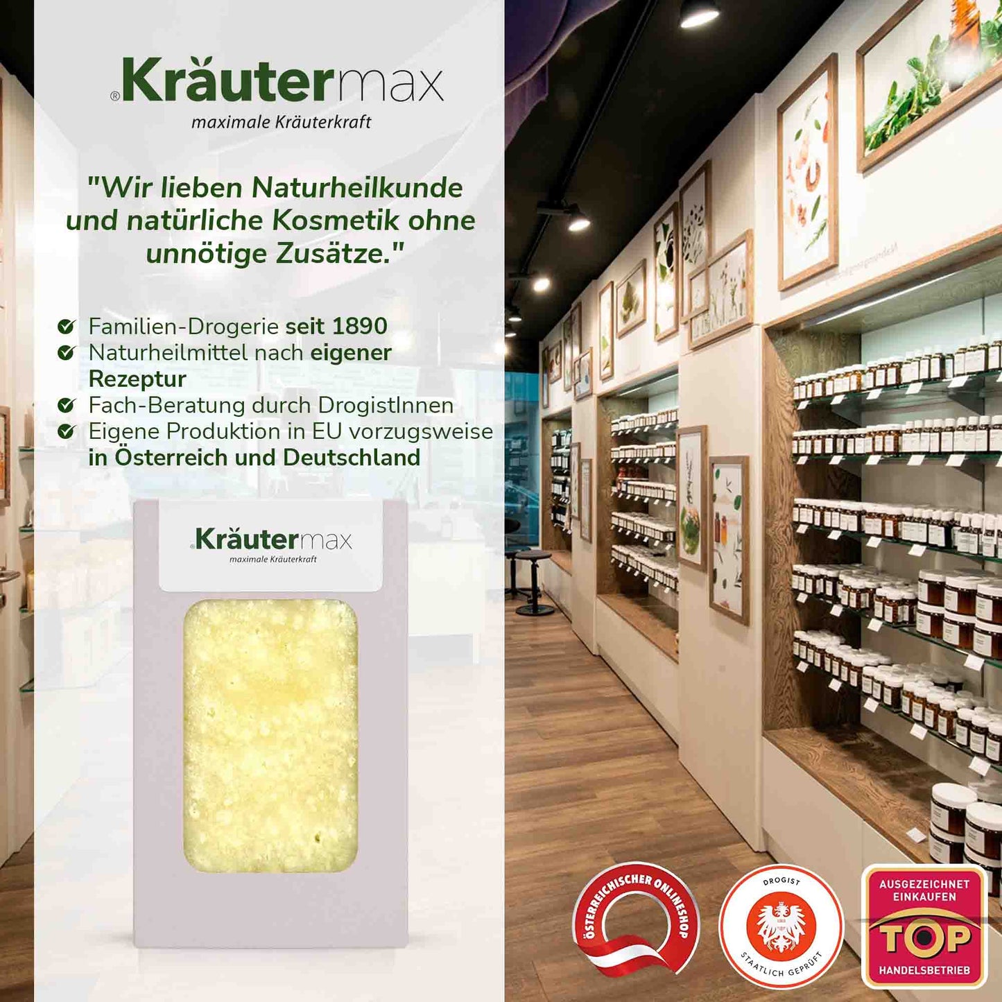 Salzseife Naturkosmetik im Drogeriegeschäft, Regal mit Kräutertöpfchen, modern eingerichtet
