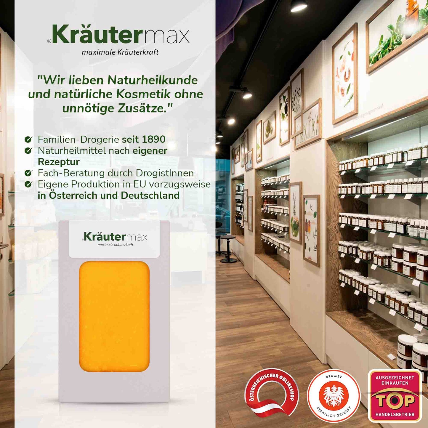 Natürliche Sanddornseife in Verpackung, Drogerie-Innenraum mit Kräuterregalen
