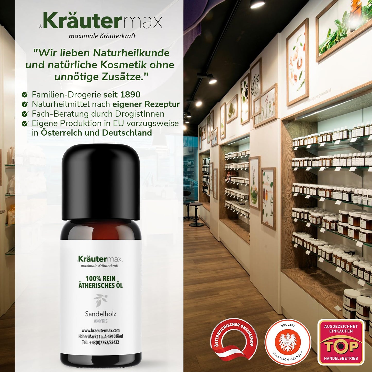 Sandelholz Amyris ätherisches Öl Flasche vor Regalwand mit Naturprodukten in moderner Drogerie