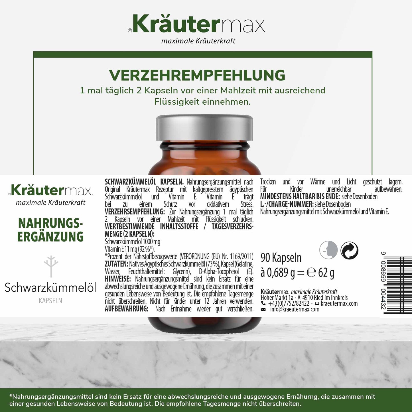 Etikett einer Nahrungsergänzung mit Schwarzkümmelöl Kapseln und Vitamin E, Dosierungsanleitung sichtbar.