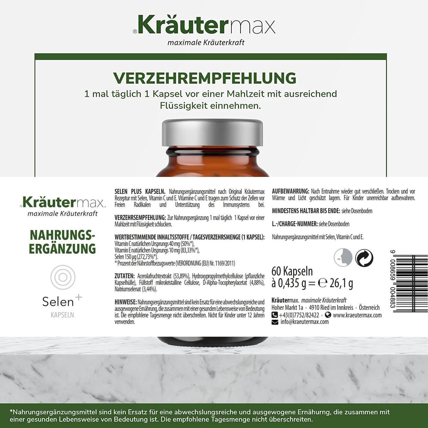 Selen Vitamin Kapseln Etikett mit Verzehrempfehlung, Zutaten und Nährwertangaben