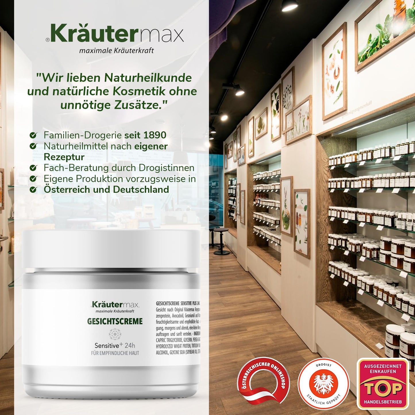 Gesichtscreme für empfindliche Haut vor Regal mit Naturkosmetik und Auszeichnungen