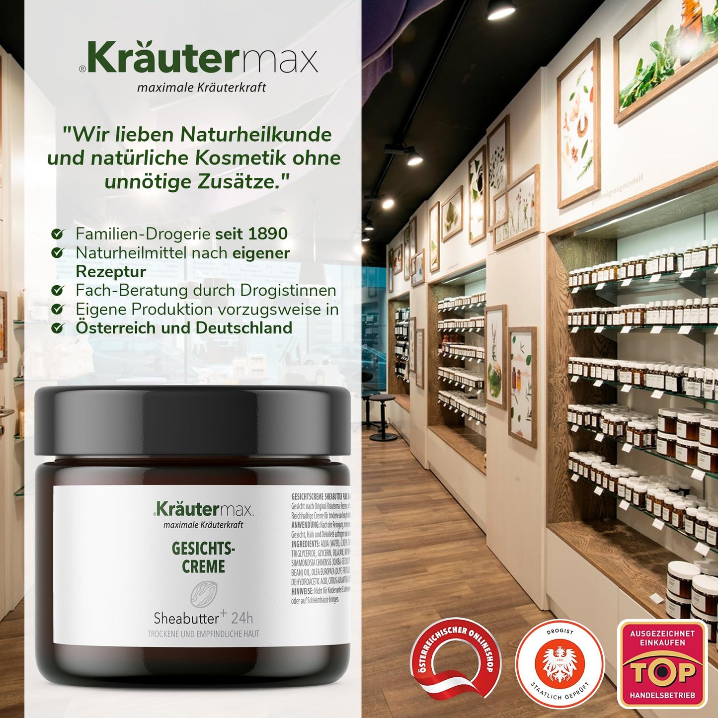 Sheabutter Gesichtscreme im Glas vor Drogerie-Regalen mit Naturkosmetik und Kräuterbildern