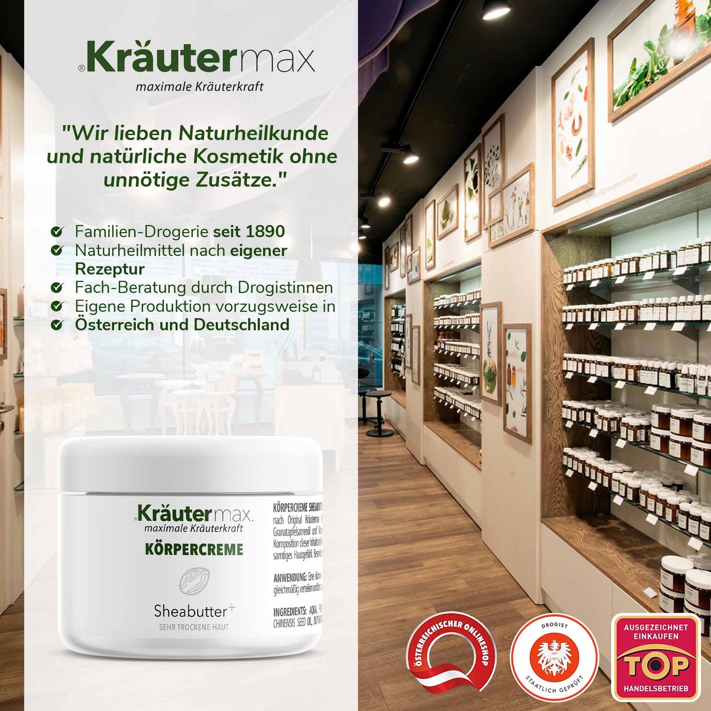 Sheabutter Körpercreme Kräutermax – Etikett mit Qualitätsmerkmalen