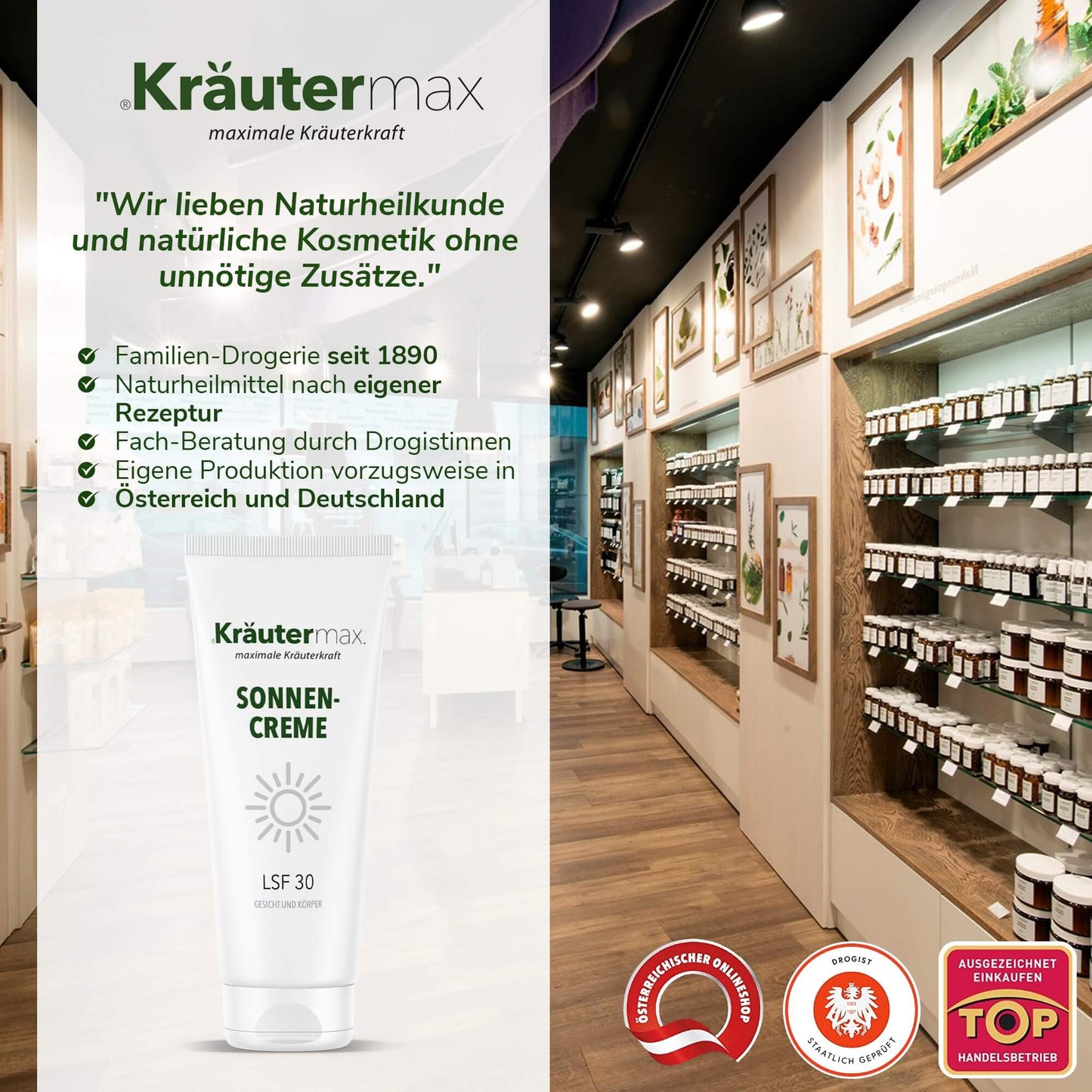 Sonnencreme LSF 30 für Gesicht und Körper mit Regalwand in moderner Drogerie.