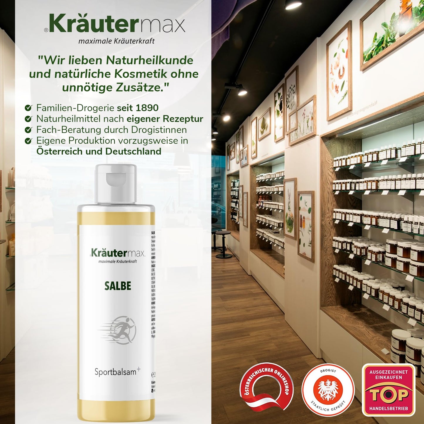 Sportbalsam Salbe in weißer Flasche vor Naturkosmetik-Drogerie mit Holzregalen und Kräuterbildern.
