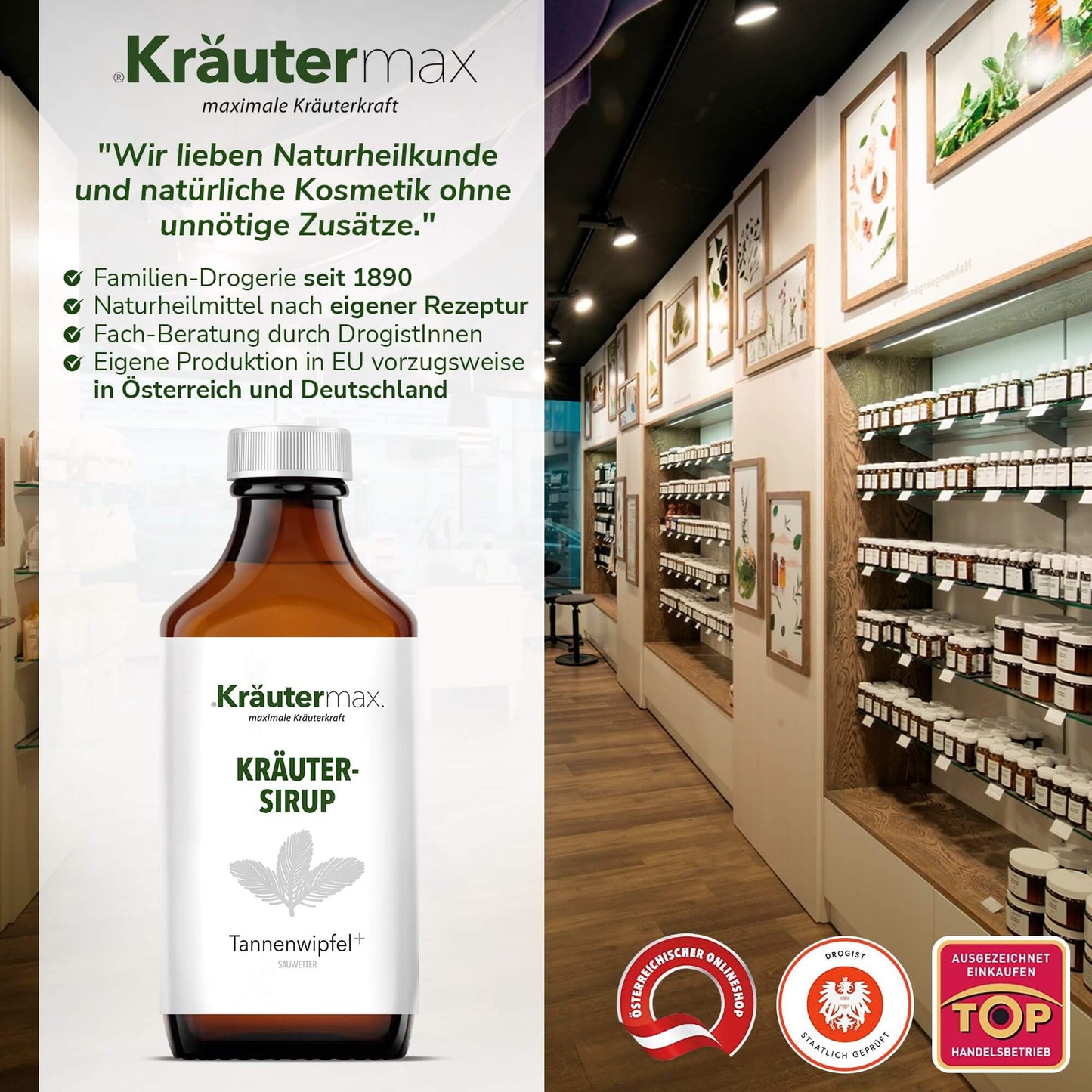 Tannenwipfelsirup in brauner Flasche vor Regal mit Naturprodukten in moderner Drogerie