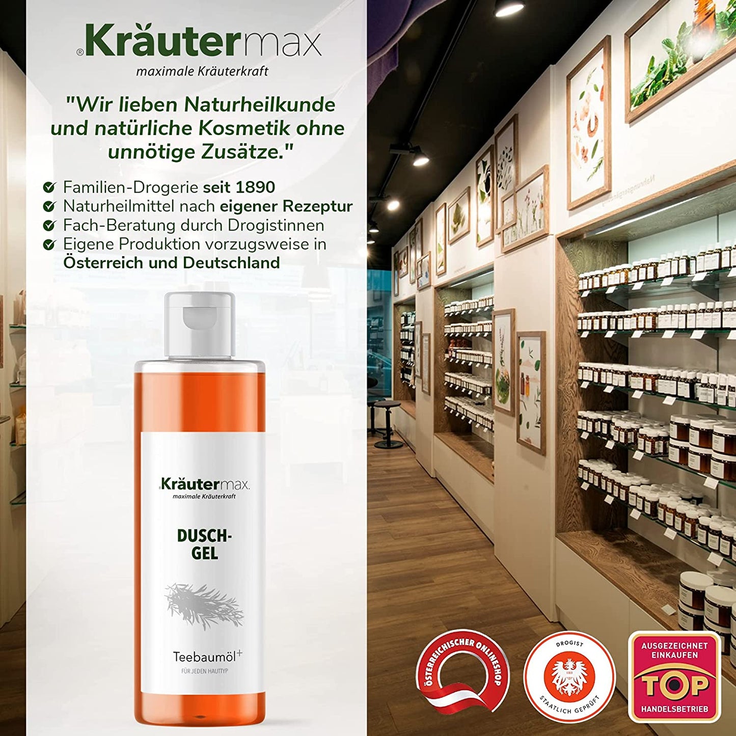 Teebaumöl Duschgel Flasche vor Regal mit Naturkosmetik-Produkten in moderner Drogerie