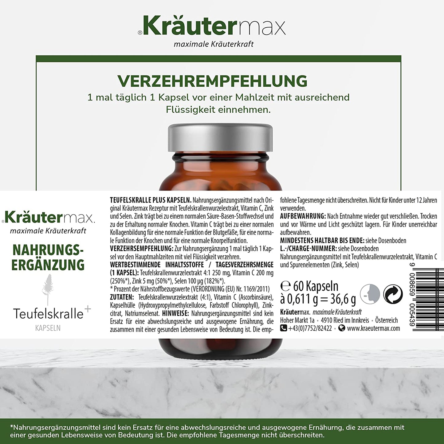 Teufelskralle Kapseln Nahrungsergänzungsmittel Glasflasche, Zutaten- und Dosierungsetikett