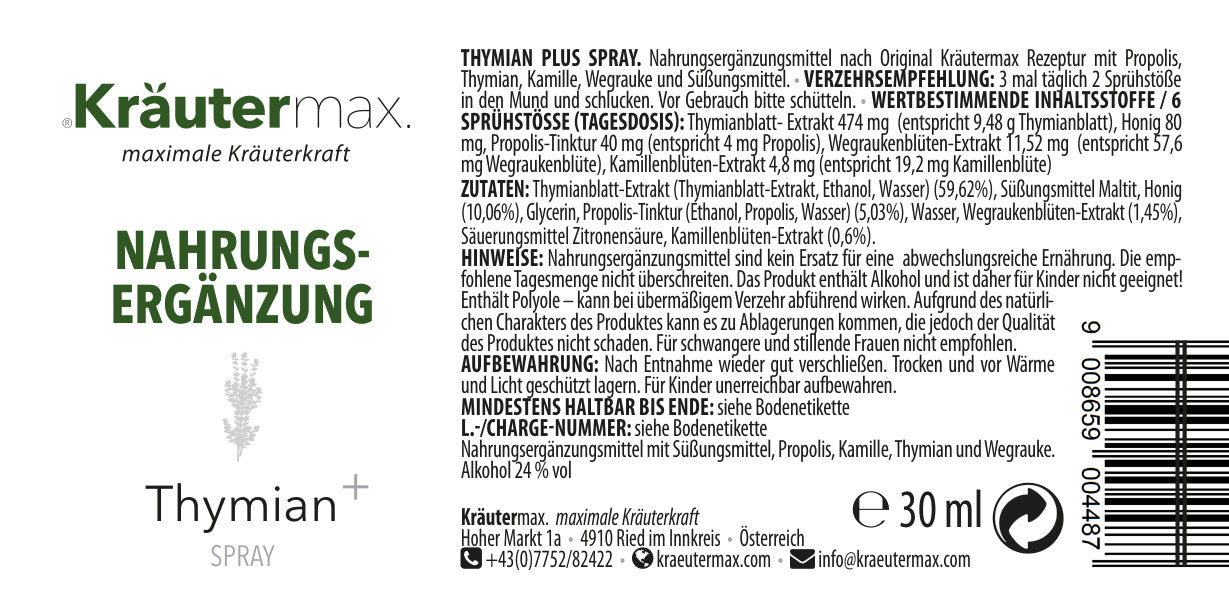 Etikett eines Nahrungsergänzungsmittel-Sprays mit Thymian, Kamille, Propolis und Wegrauke, 30 ml