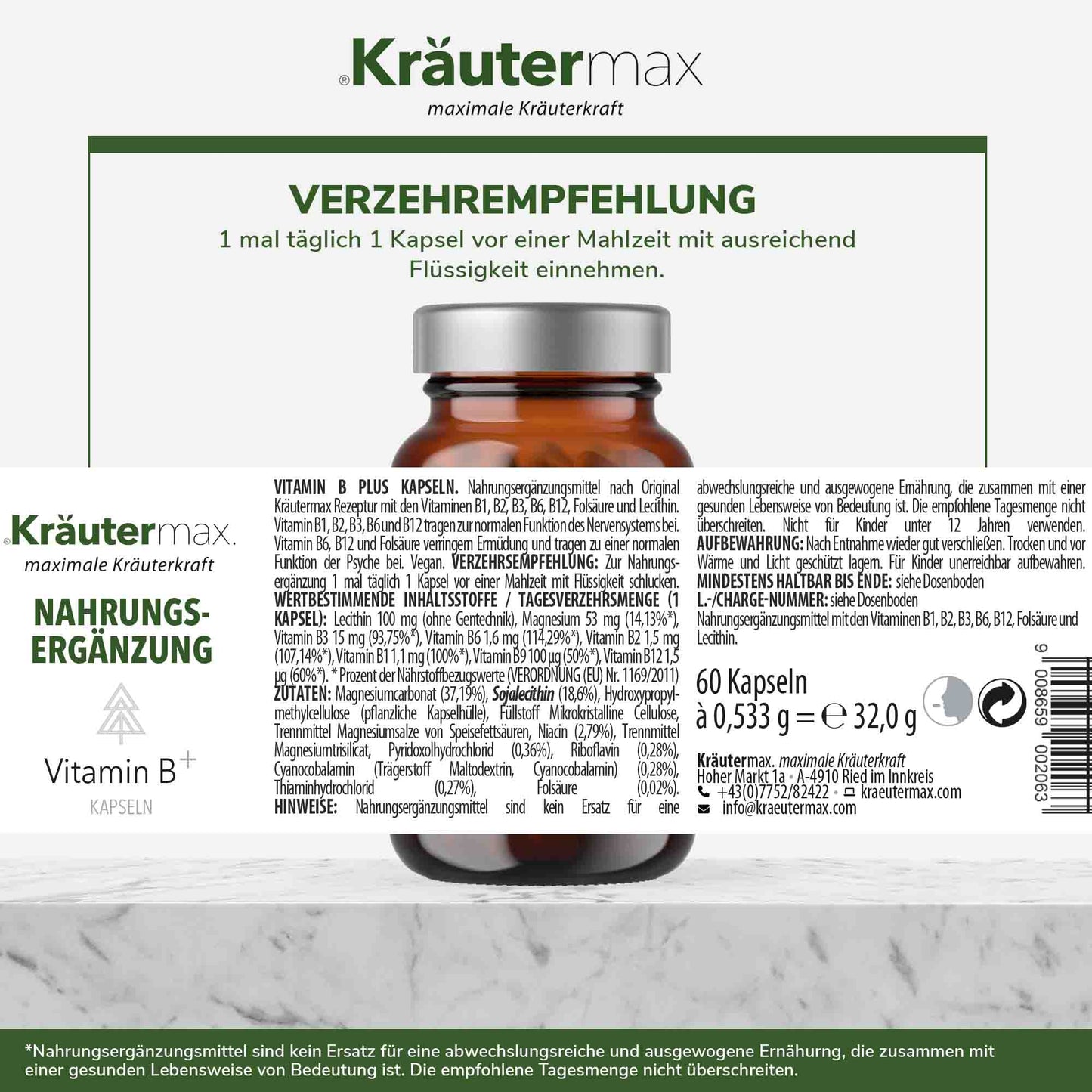 Etikett einer Vitamin B Komplex Kapseln Nahrungsergänzung, 60 Kapseln, Zutaten und Dosierung