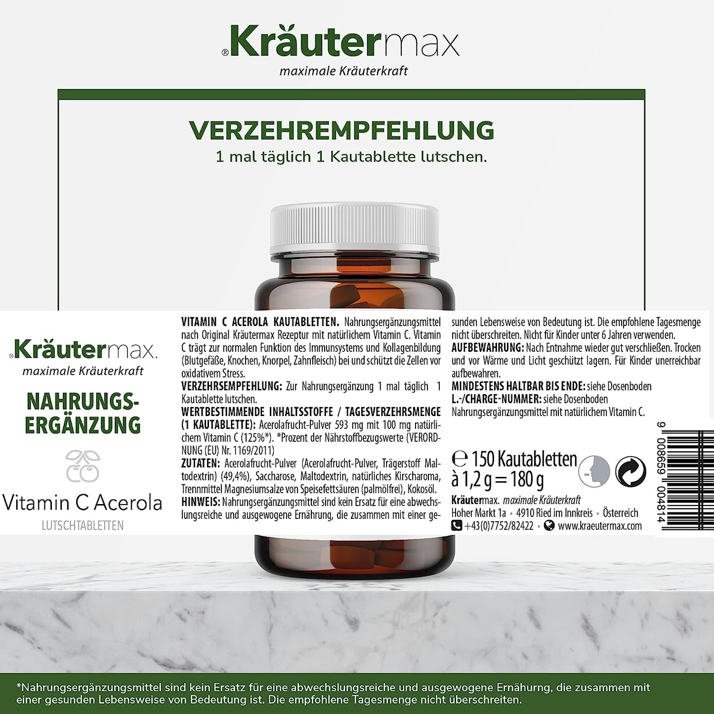 Etikett einer Nahrungsergänzung Vitamin C Acerola Lutschtabletten mit Dosierungshinweisen