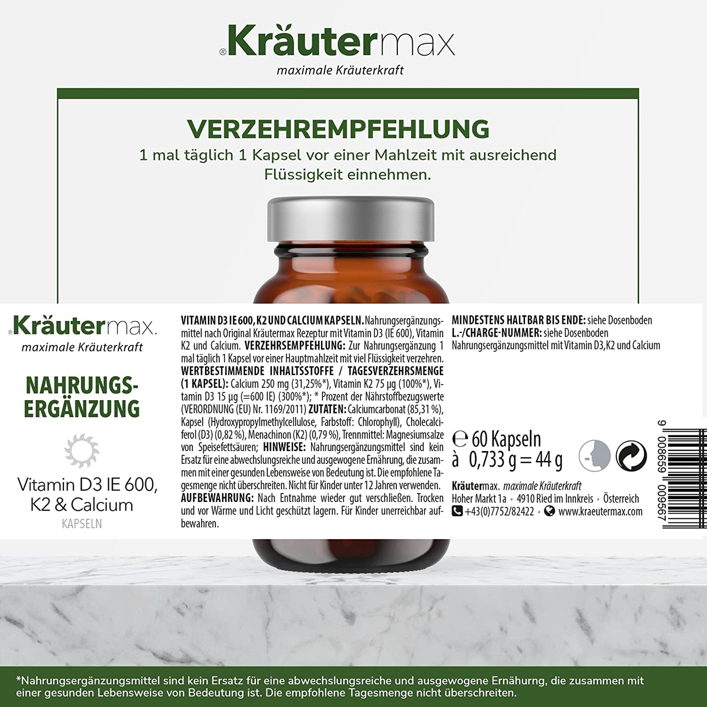 Vitamin D3 600 IE K2 Calcium Kapseln 1 x 60 Stück