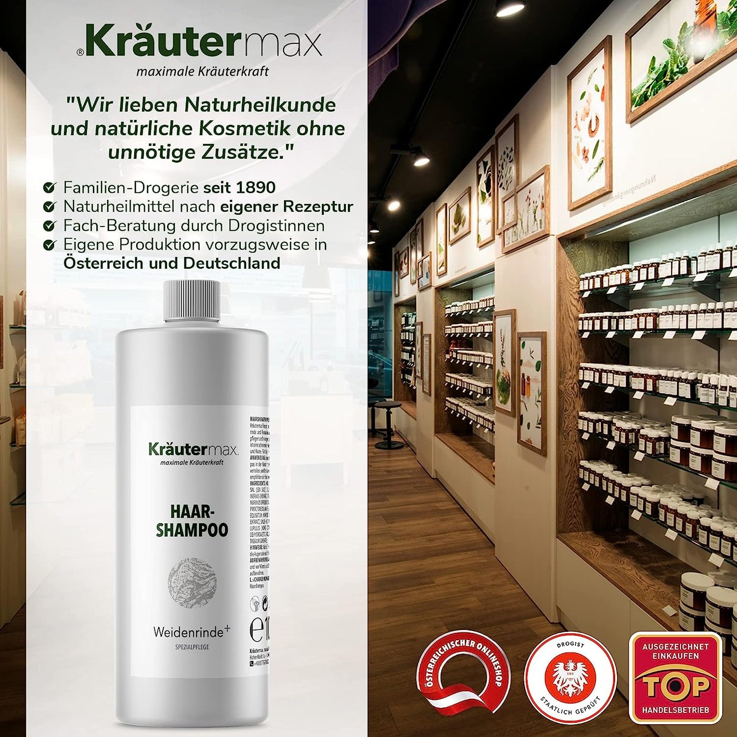 Weidenrinde Shampoo Flasche vor Regal in moderner Drogerie mit Naturkosmetikprodukten
