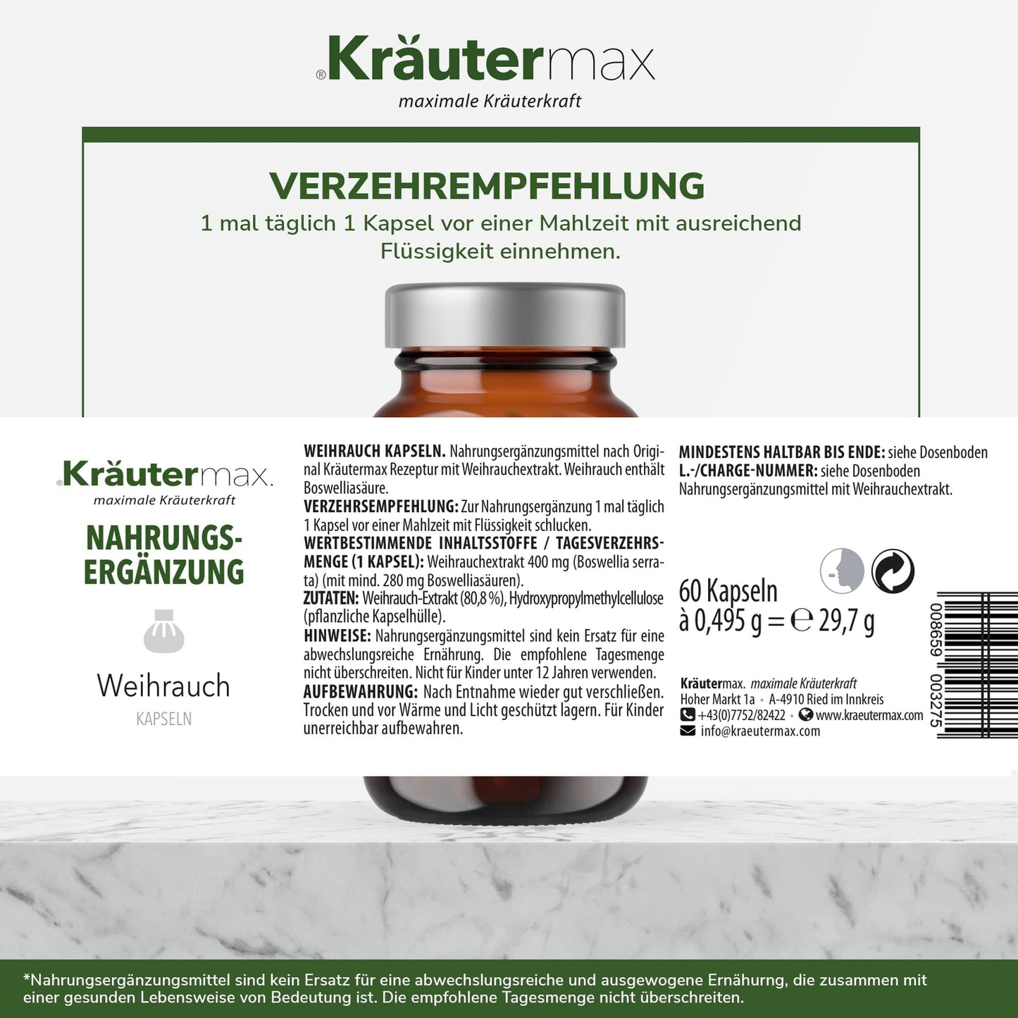 Etikett von Weihrauch Kapseln Nahrungsergänzung, Glas mit Dosierungshinweisen und Inhaltsangaben.