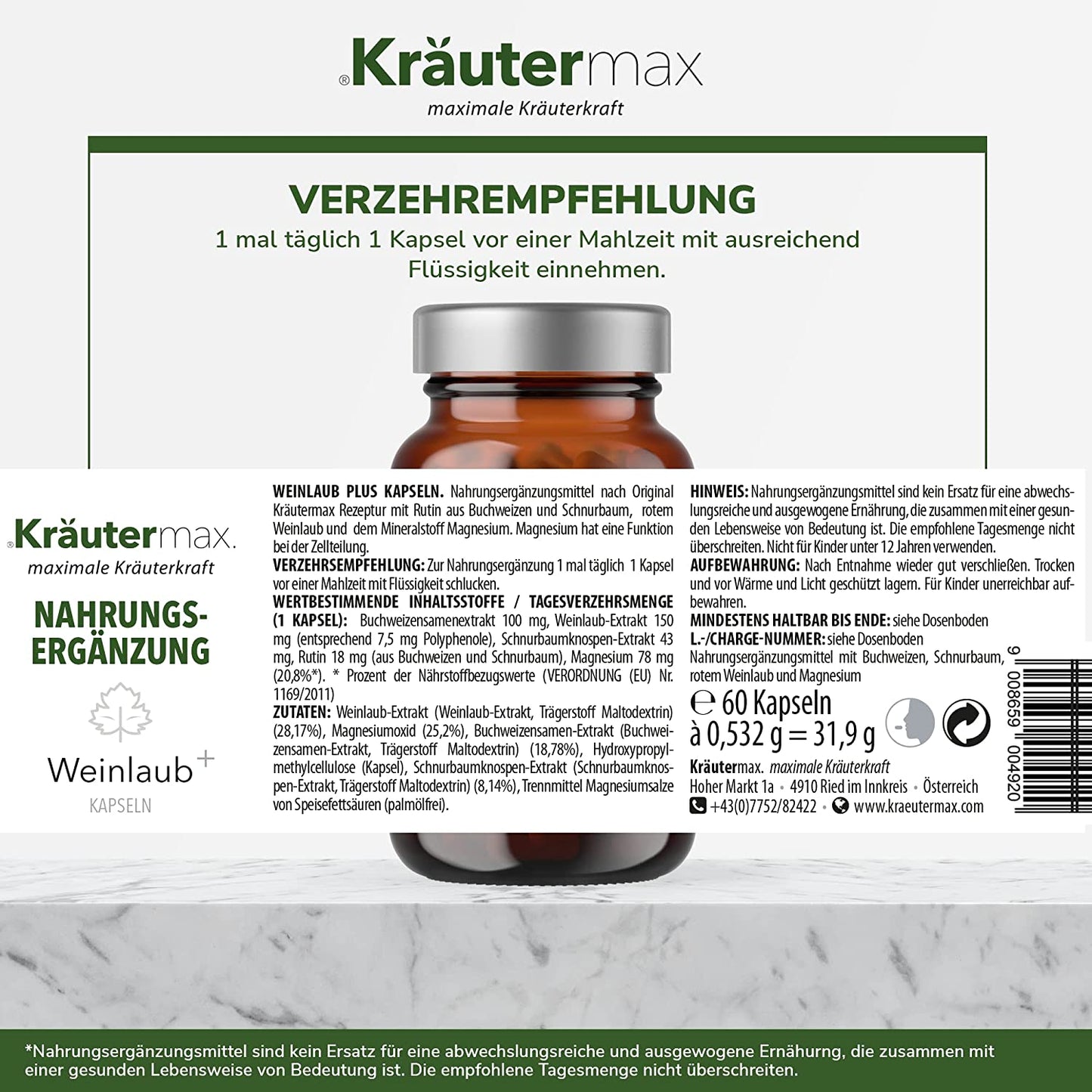 Weinlaub Kapseln Nahrungsergänzung, Zutatenliste und Dosierungsempfehlung auf Etikett