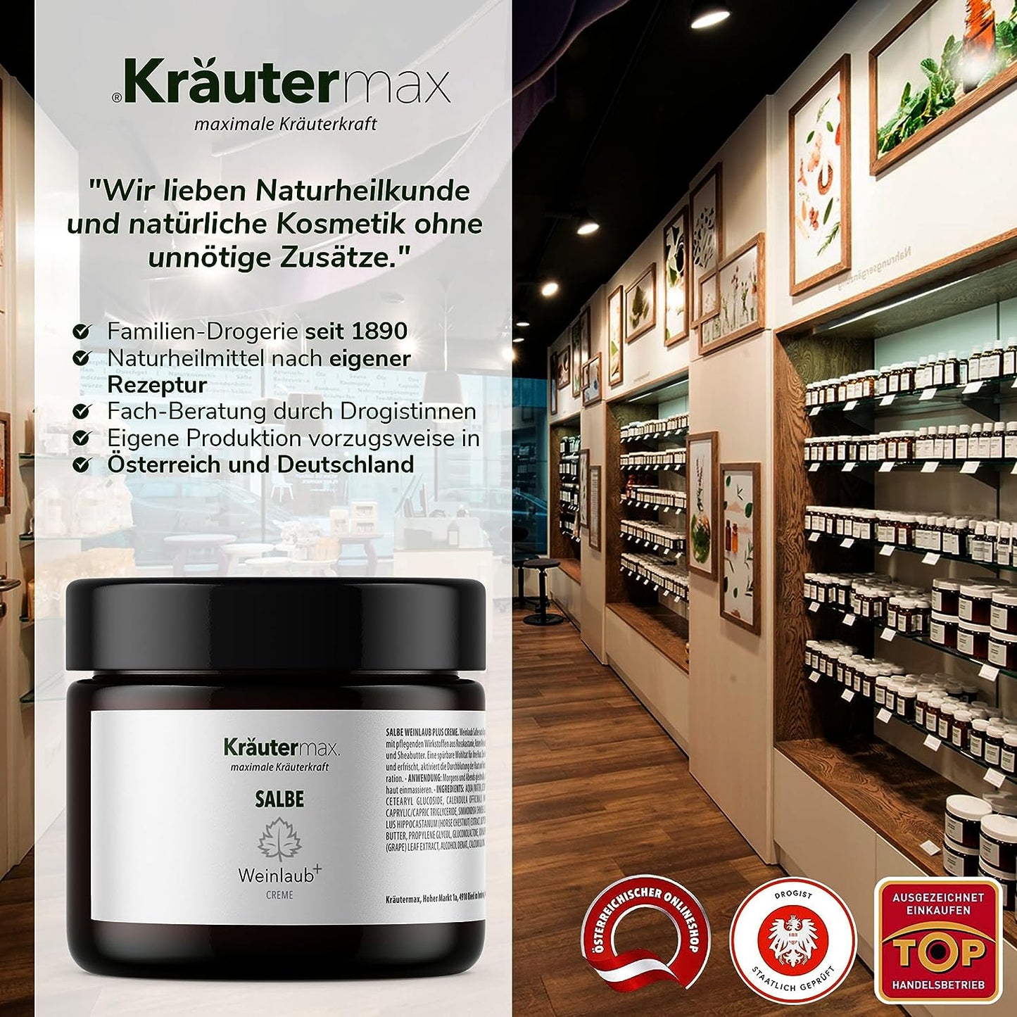 Weinlaub Salbe Naturkosmetik im Glas, ausgestellt in moderner Drogerie, Kräuterregale sichtbar