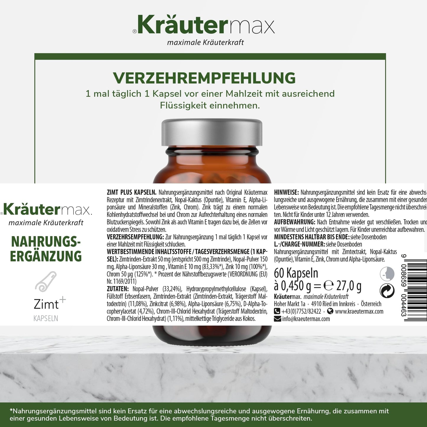 Etikett einer Nahrungsergänzungsmittel-Dose mit Zimtkapseln, Verzehrempfehlung und Inhaltsstoffen.