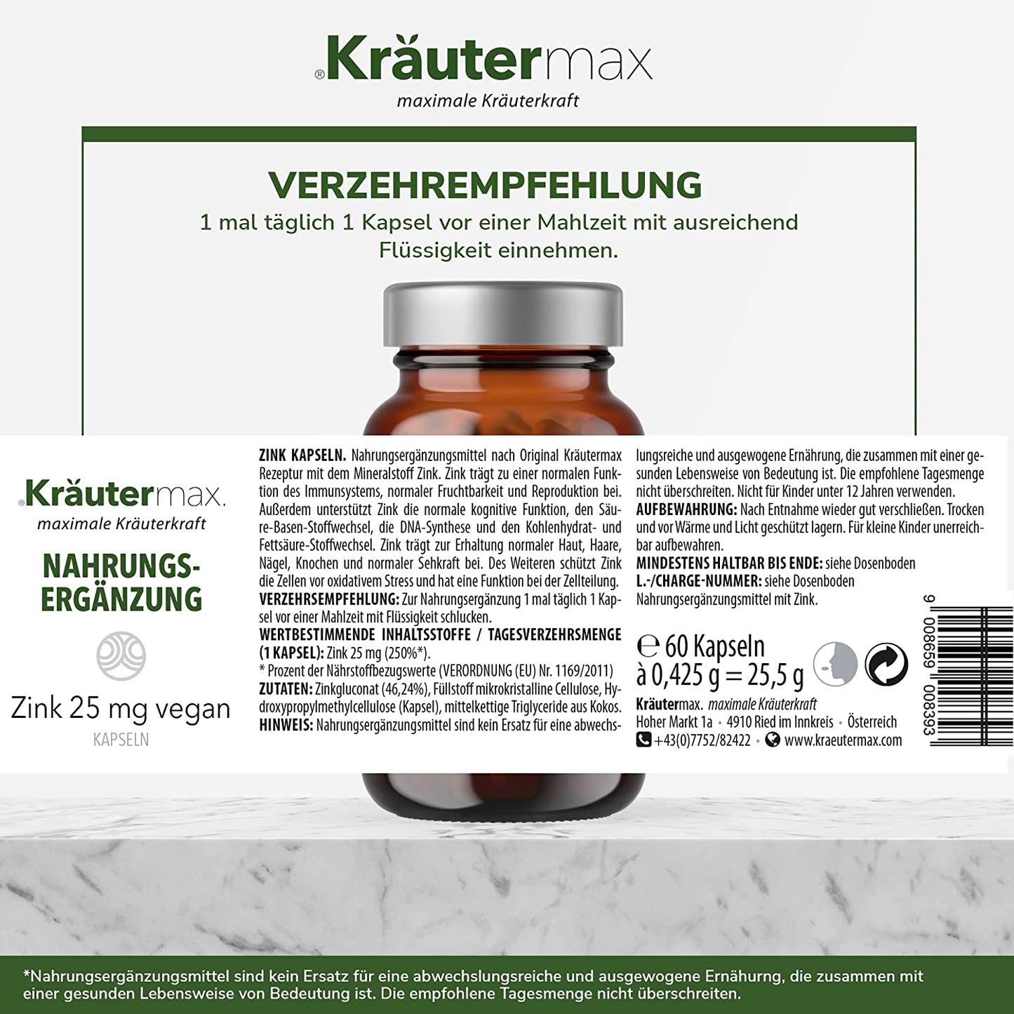 Zink Kapseln Nahrungsergänzung in Braunglasdose, 25 mg vegan, Etikett mit Verzehrempfehlung und Inhaltsstoffen