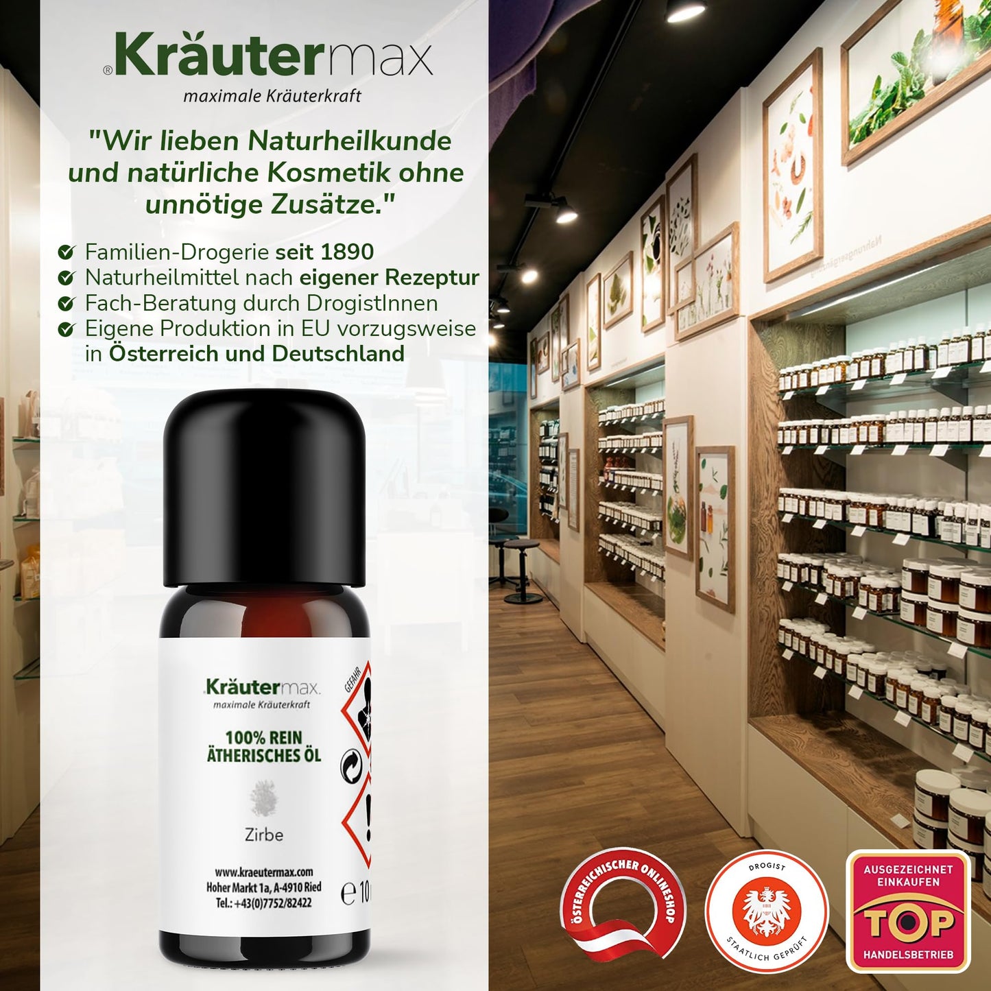 Zirbenöl Flasche vor Regalwand mit ätherischen Ölen in moderner Drogerie