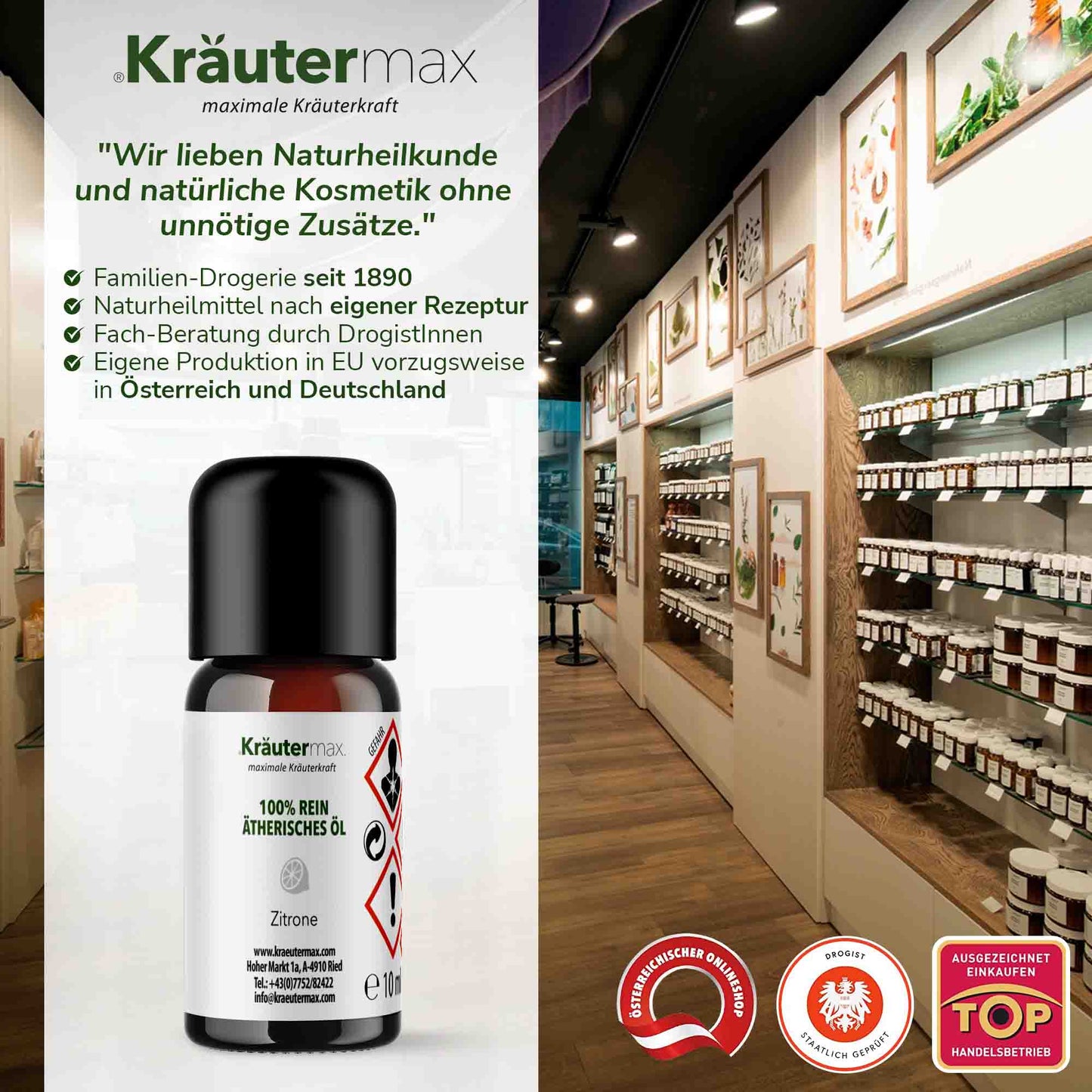 Ätherisches Zitronenöl Flasche, Naturprodukte Regal, Drogerie-Innenraum, Bio-Kosmetik