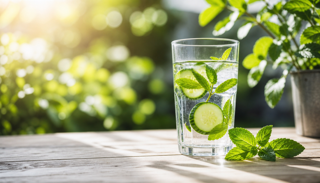 Glas Wasser mit Minze und Gurke im Sommer – Flüssigkeit und Elektrolyte
