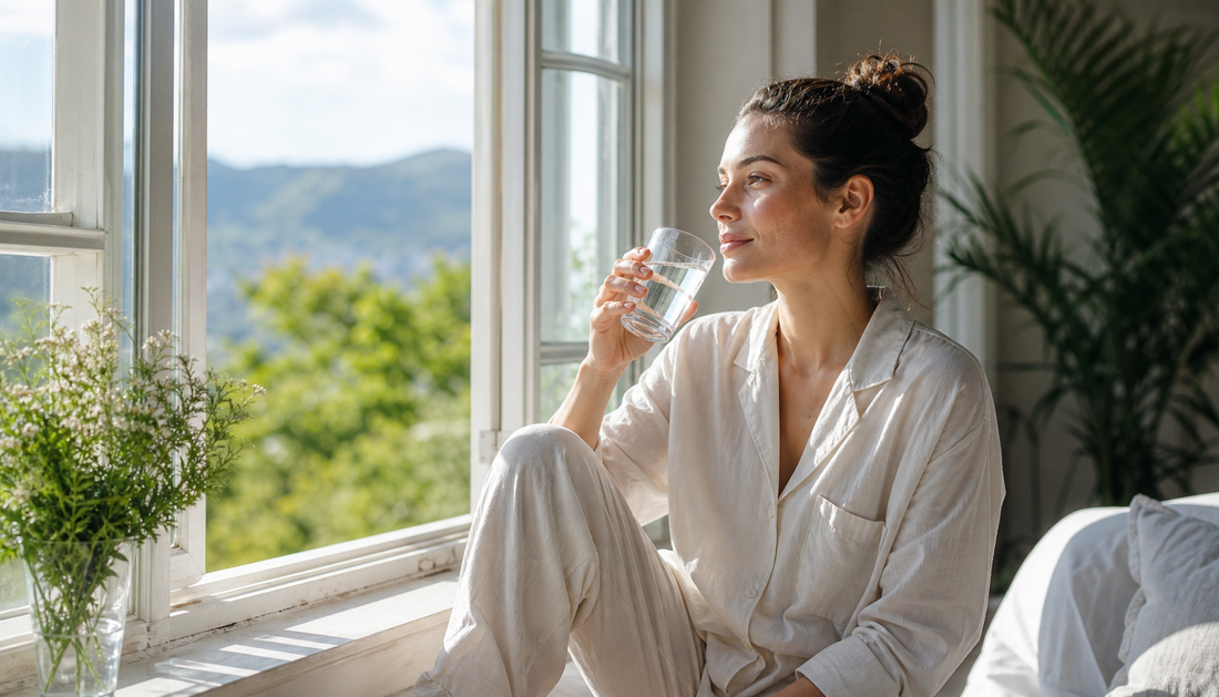 Sommerliche Morgenstimmung mit Glas Wasser am offenen Fenster