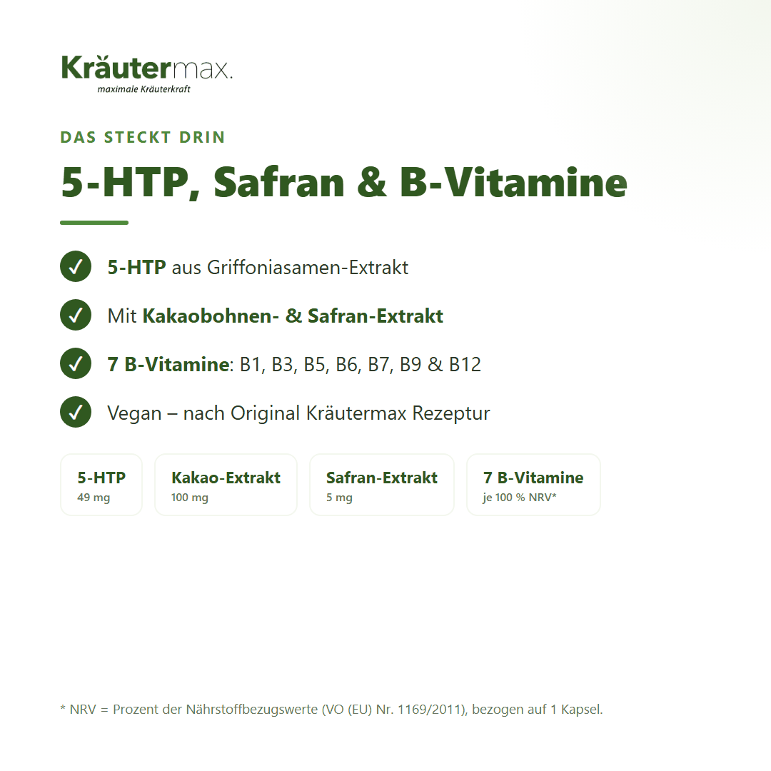 5 HTP Griffonia Kapseln – mit 5-HTP, Safran- & Kakaobohnen-Extrakt und 7 B-Vitaminen