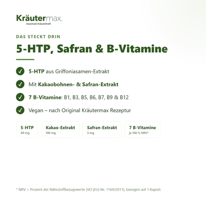 5 HTP Griffonia Kapseln – mit 5-HTP, Safran- & Kakaobohnen-Extrakt und 7 B-Vitaminen