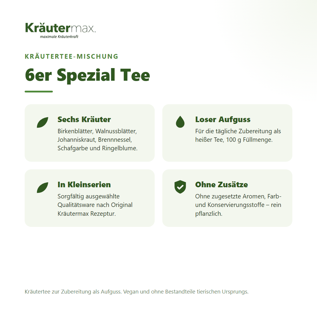 6er Spezial Kräutertee – Mischung aus sechs Kräutern: Birke, Walnuss, Johanniskraut, Brennnessel, Schafgarbe und Ringelblume, vegan