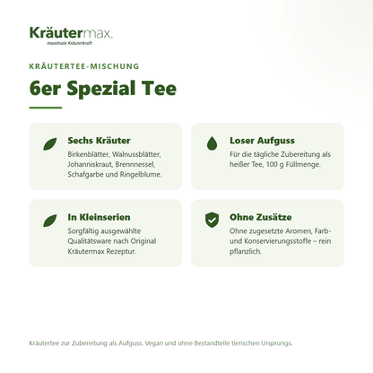 6er Spezial Kräutertee – Mischung aus sechs Kräutern: Birke, Walnuss, Johanniskraut, Brennnessel, Schafgarbe und Ringelblume, vegan