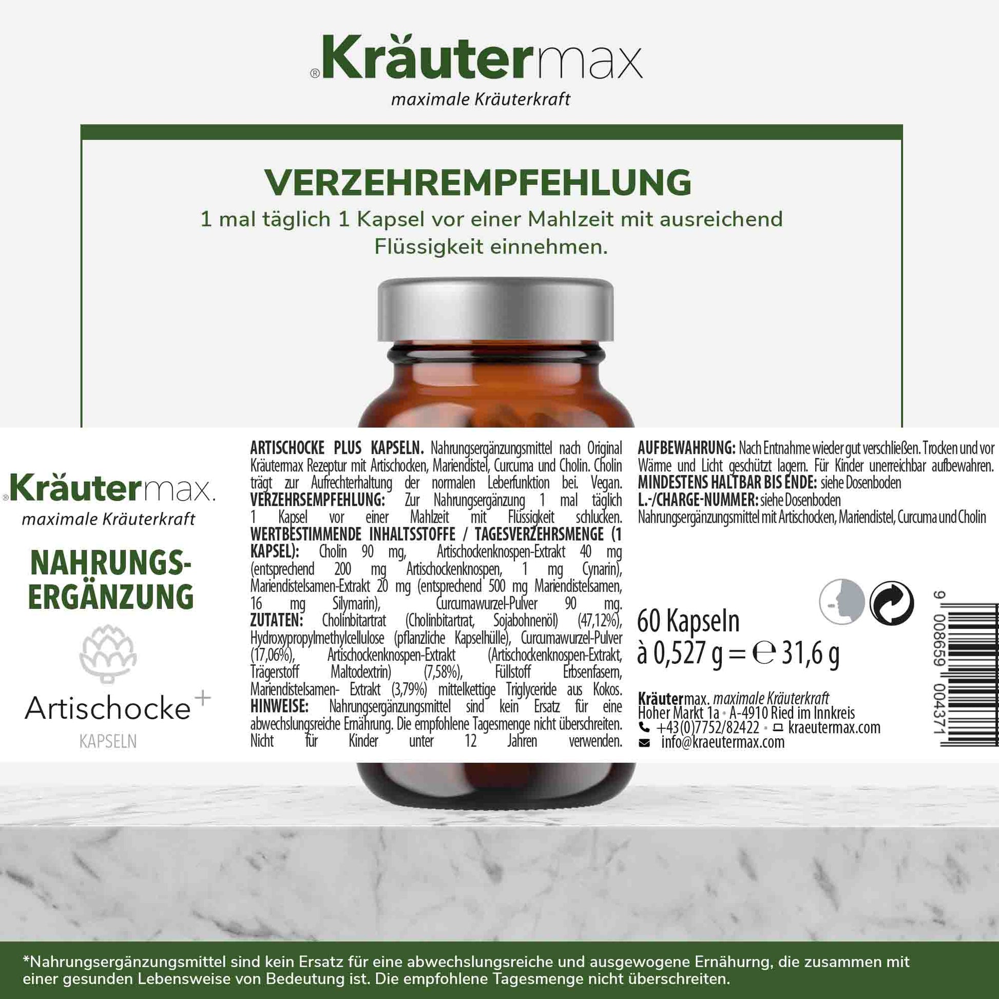 artischocken aufbewahren Artischocken Kapseln plus Mariendistel Samen - 1 x 60 Stück