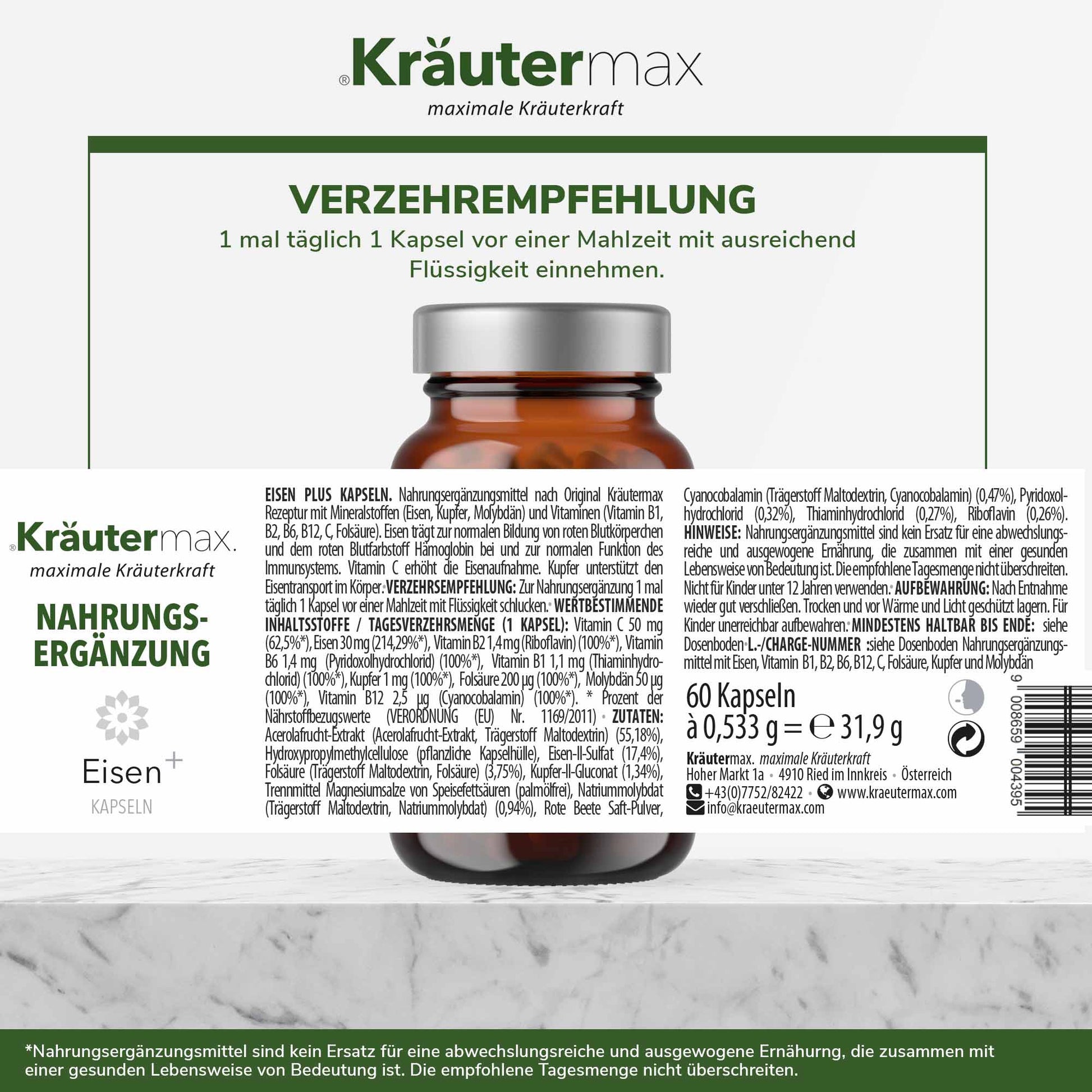 Eisen 30 mg mit Vitamin C Kapseln 60 Stück