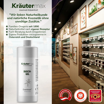 Eisenkraut Duschgel für empfindliche Haut, Naturkosmetik Produkt in moderner Drogerie