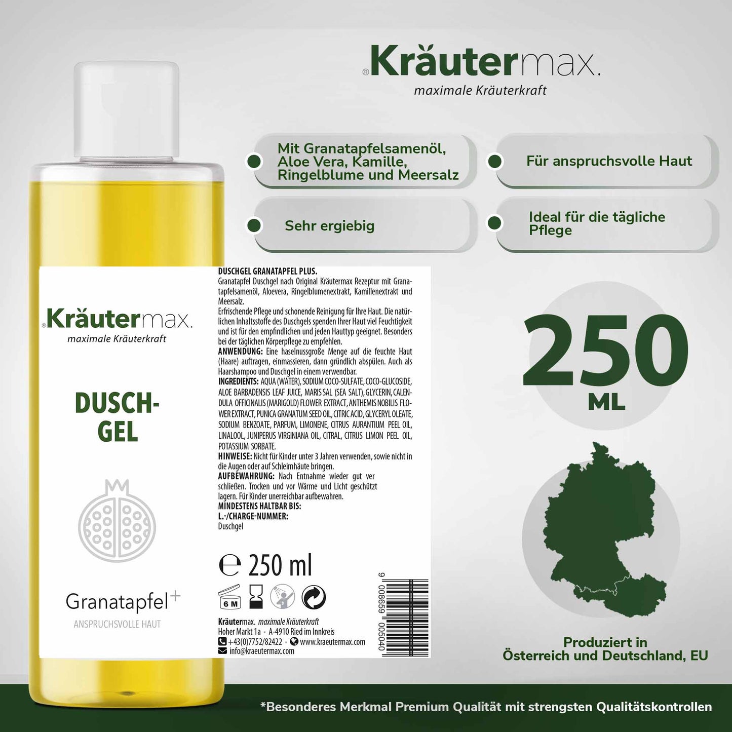Granatapfel Duschgel Flasche 250ml mit Inhaltsstoffen, geeignet für anspruchsvolle Haut, produziert in Österreich und Deutschland