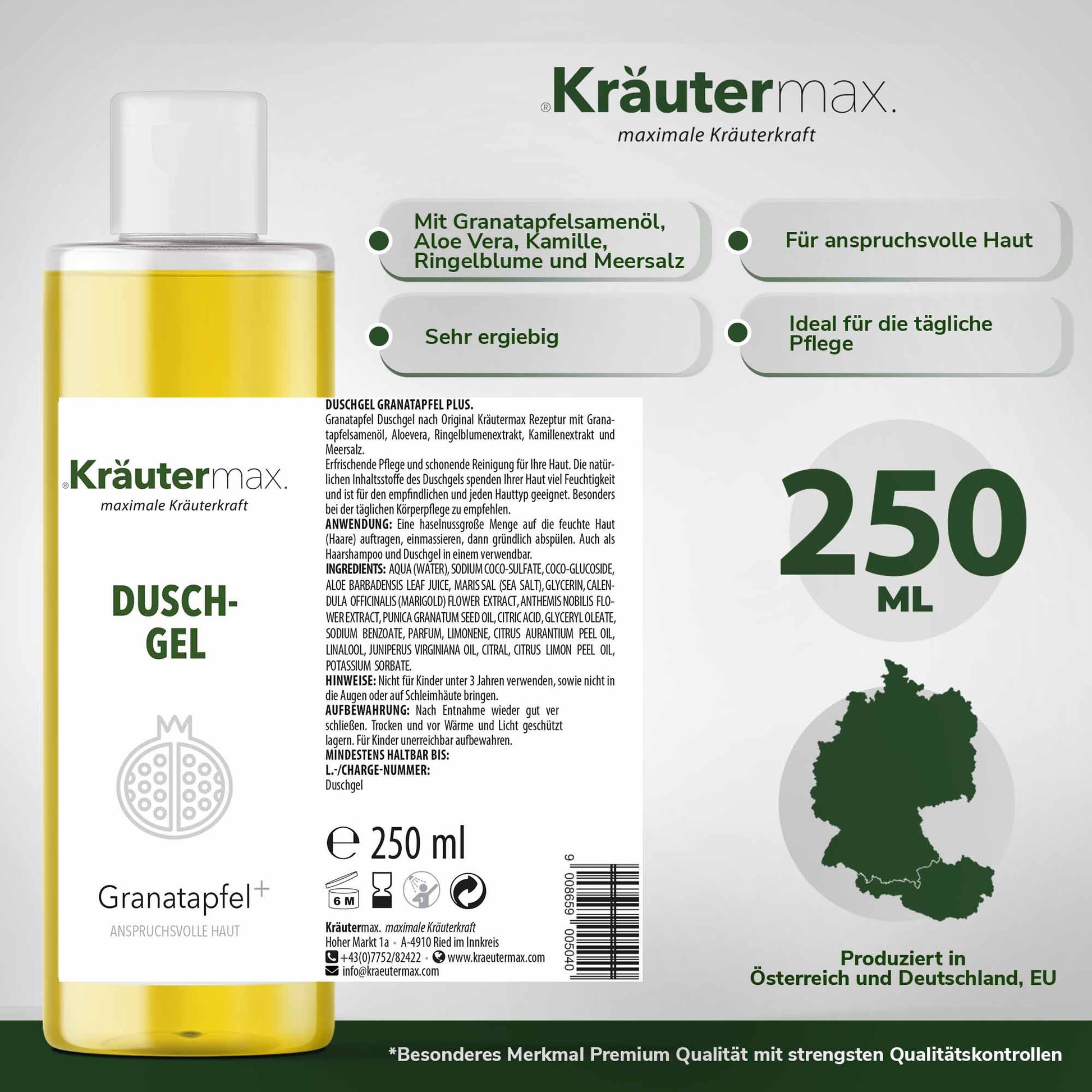Granatapfel Duschgel Flasche 250ml mit Inhaltsstoffen, geeignet für anspruchsvolle Haut, produziert in Österreich und Deutschland