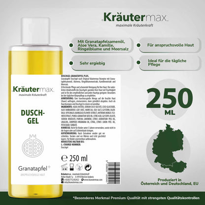 Granatapfel Duschgel Flasche 250ml mit Inhaltsstoffen, geeignet für anspruchsvolle Haut, produziert in Österreich und Deutschland