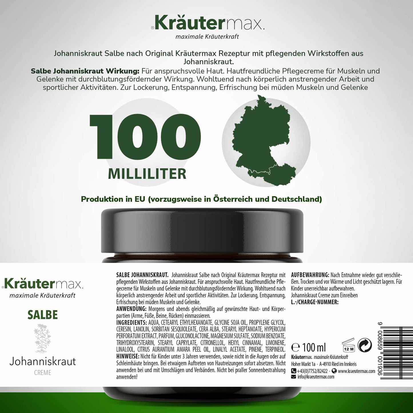 Etikett einer Johanniskraut Salbe, 100 ml, mit Produktbeschreibung und EU-Herkunft, Cremedose sichtbar