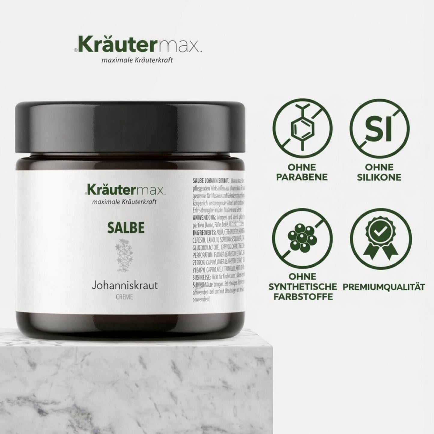 Johanniskraut Salbe im Glas mit Text zu Vorteilen: ohne Parabene, Silikone, Farbstoffe, Premiumqualität