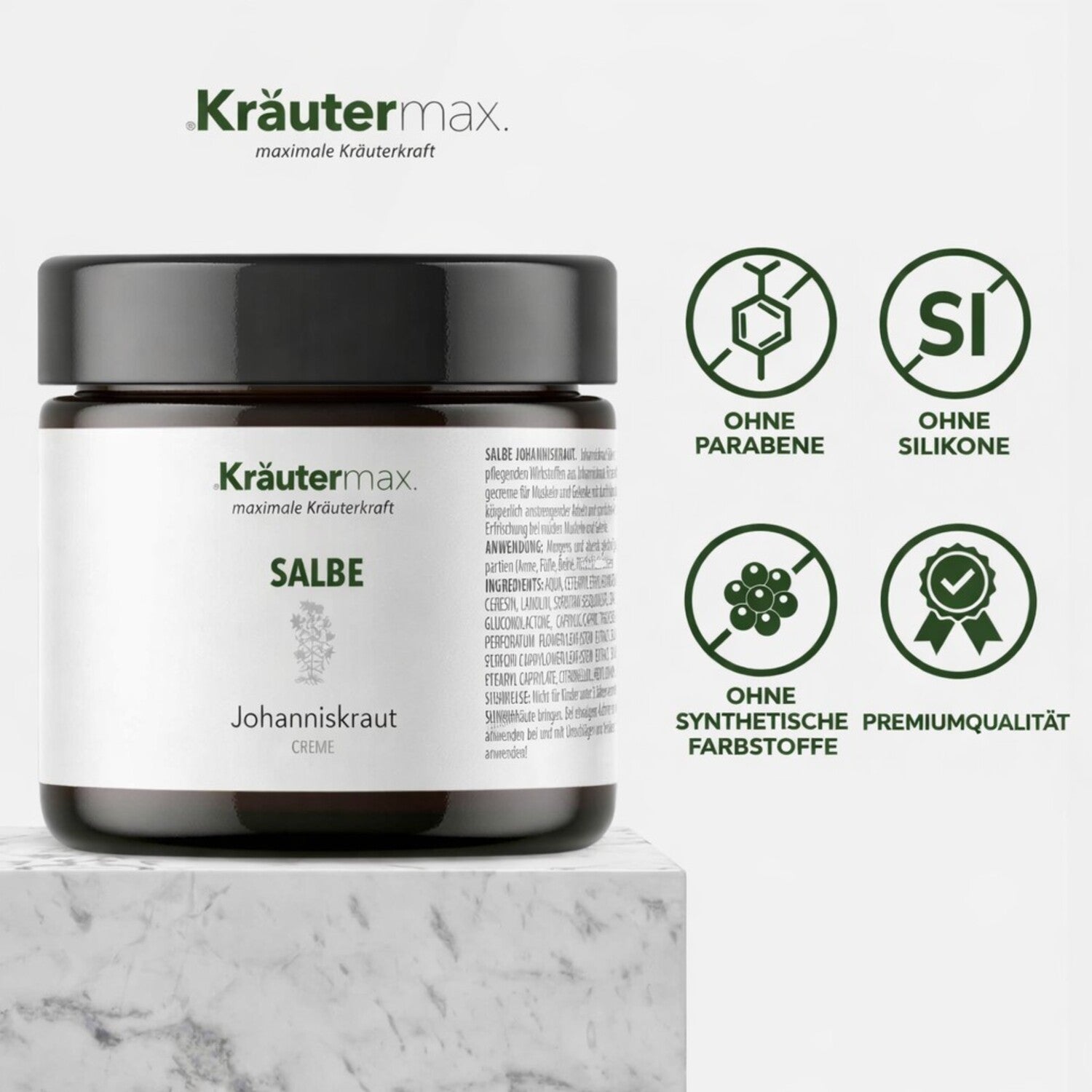 Johanniskraut Salbe im Glas mit Text zu Vorteilen: ohne Parabene, Silikone, Farbstoffe, Premiumqualität