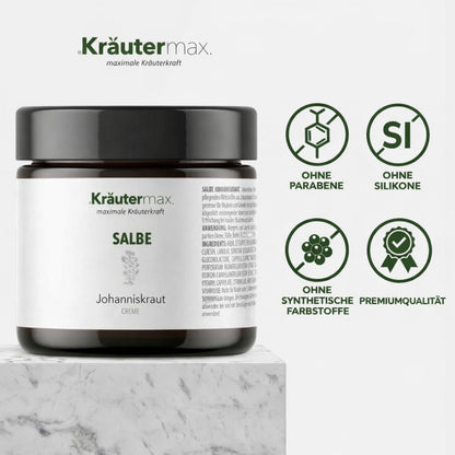 Johanniskraut Salbe im Glas mit Text zu Vorteilen: ohne Parabene, Silikone, Farbstoffe, Premiumqualität