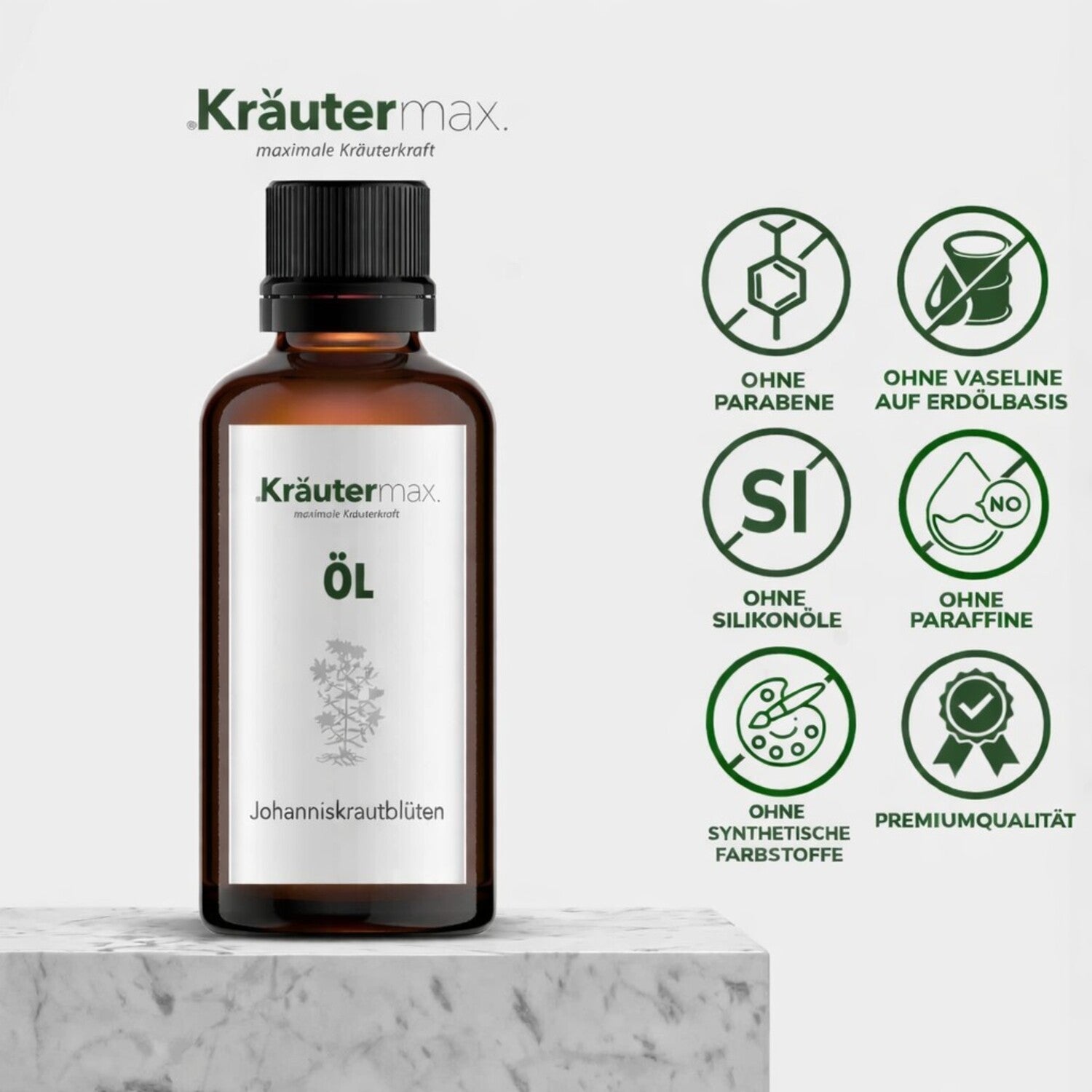 Braune Flasche Johanniskrautöl mit Siegeln: ohne Parabene, Paraffine, Silikone, Premiumqualität