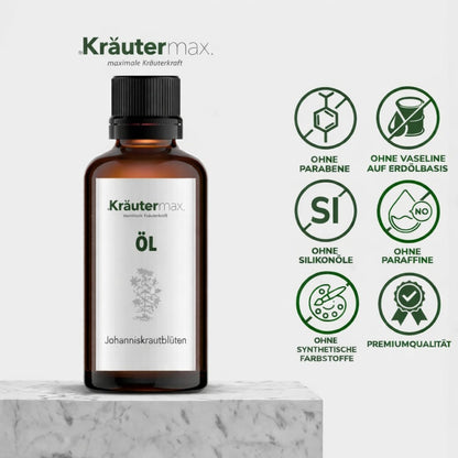 Braune Flasche Johanniskrautöl mit Siegeln: ohne Parabene, Paraffine, Silikone, Premiumqualität