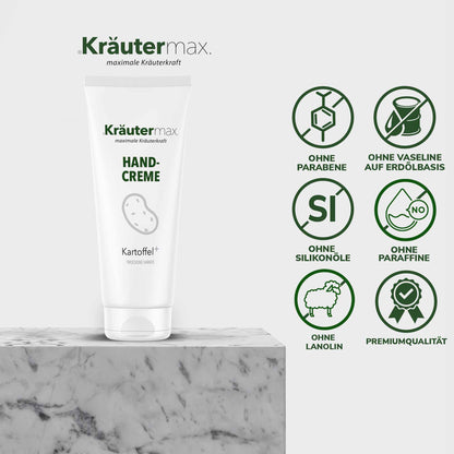 Kartoffel Handcreme Tube für trockene Hände auf Marmorsockel, vegan, ohne Parabene, Silikonöle, Paraffine, Lanolin, Premiumqualität, Naturkosmetik