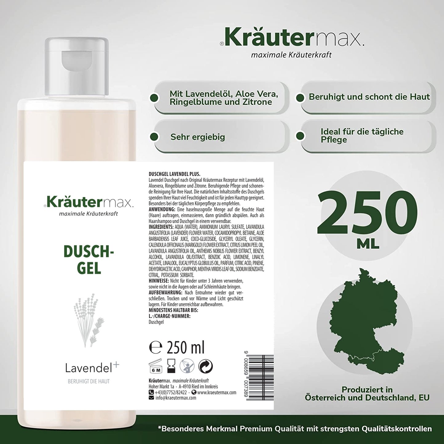 Lavendel Duschgel Kräutermax – Inhaltsstoffe und Anwendungshinweise auf dem Etikett
