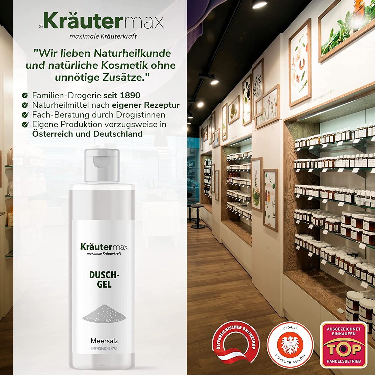 Meersalz Duschgel für empfindliche Haut vor Regalen mit Naturkosmetik in moderner Drogerie