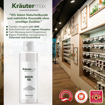 Meersalz Duschgel für empfindliche Haut vor Regalen mit Naturkosmetik in moderner Drogerie