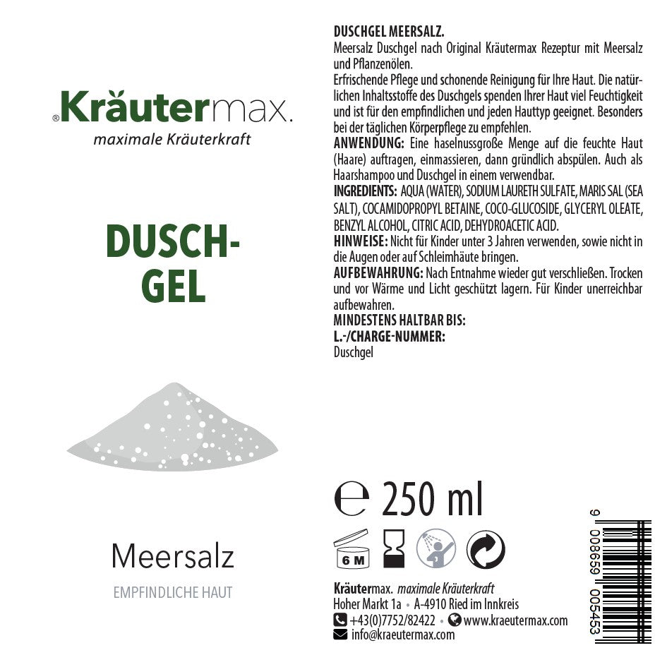 Etikett eines Duschgels mit Meersalz für empfindliche Haut, 250ml, Produktinfos sichtbar