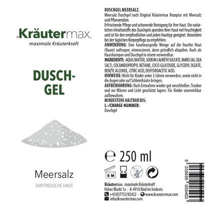 Etikett eines Duschgels mit Meersalz für empfindliche Haut, 250ml, Produktinfos sichtbar
